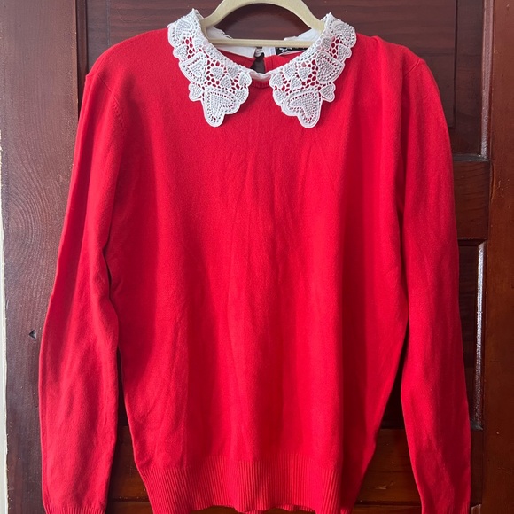 Sweaters - Women's Red Sweater with Lace Collar